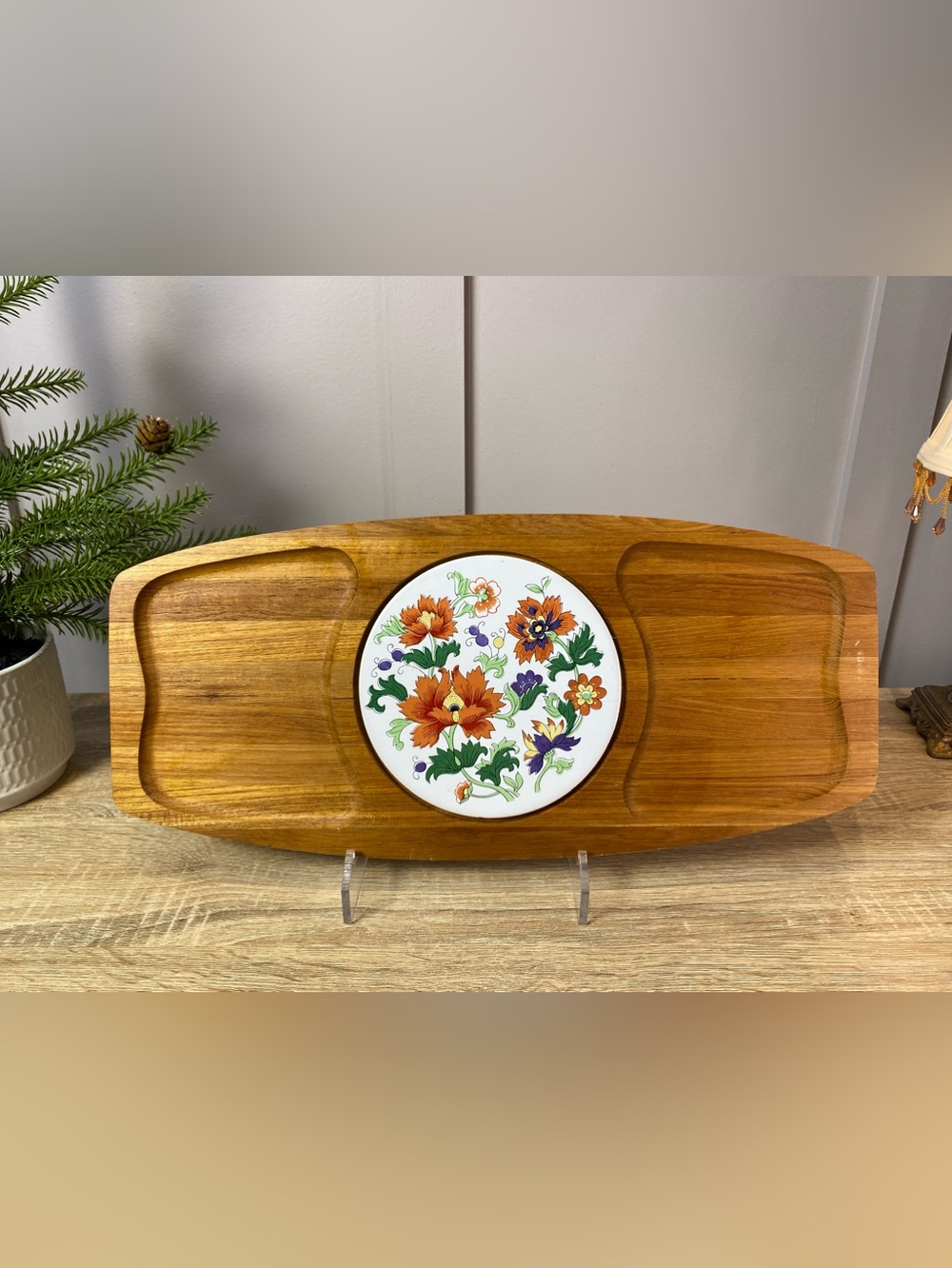 Wood Cheese Board Tray Vintage Teak Wood Ceramic Tile Fruit Mid Century 17”